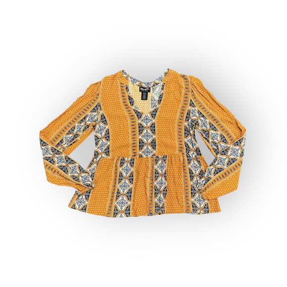 WRANGLER RETRO WOMEN'S SPLIT NECK PEPLUM PRINT MUSTARD PEASANT TOP Sz Small - Picture 4 of 7